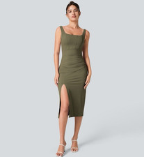 Halara SoftlyZero Midi Dress Size M Square Neck Corset Ruched Bodycon Dress