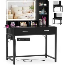 Mirror Desk with and Lights Makeup Vanity Power Strip Black Adjustable Small
