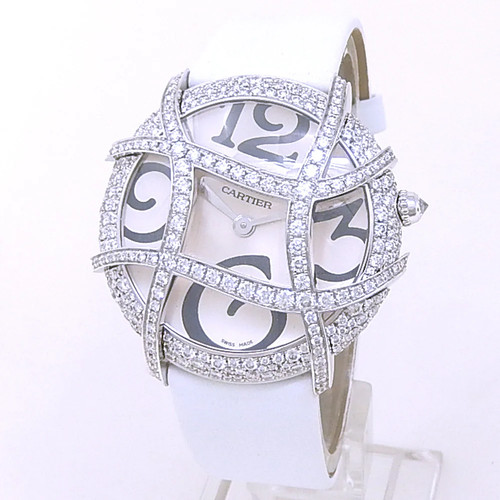 Cartier Ronde Folle White Gold Green Leather Quartz Diamonds Silver Watch 2991