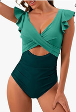 One Piece Swimsuit Tummy Control Cutout Ruffle Cap Sleeve Green  White 2X New