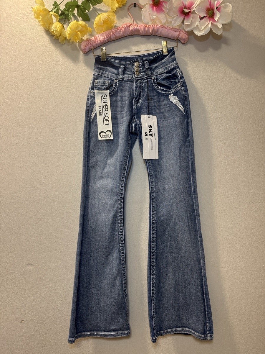 SKY Flare Jeans Blue Embroidered Rhinestone Heart Angel Distressed