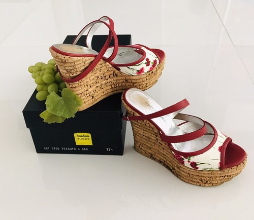 New $590 DOLCE & GABBANA Cork Wedge Platform Sandals white& red SZ 37.5