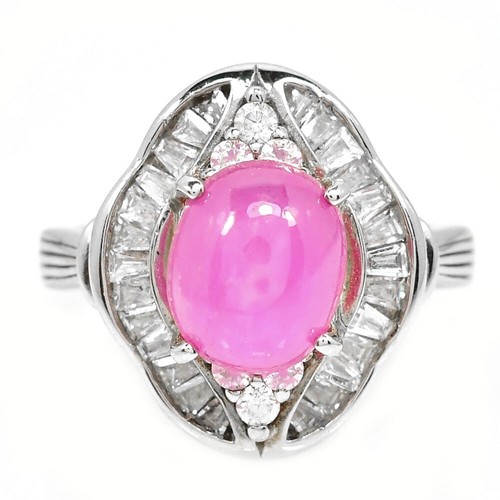 925 STERLING SILVER PINK RED RUBY OVAL CABACHON & WHITE CZ RING, SIZE 7 - Picture 5 of 8