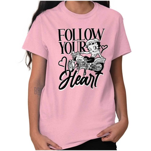 Biker Betty Boop follow Your Heart Cartoon Womens Graphic Crewneck T Shirt Tee