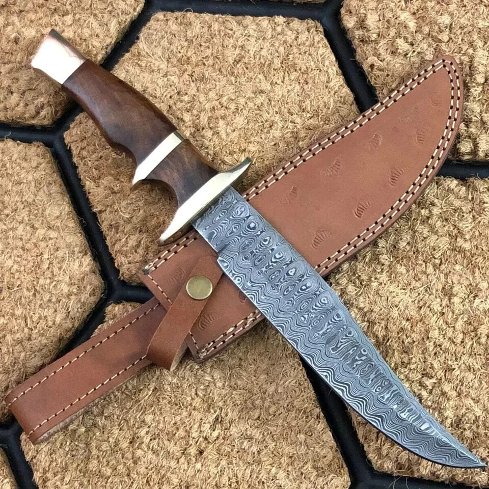 Custom Damascus Steel Hunting Bowie Knife Leather Sheath
