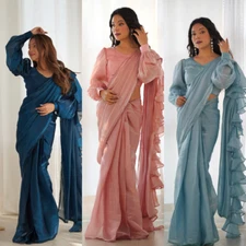 Designer Pre Drapped Saree Blouse Bollywood Party Wear Saree Ready To Wear Sari