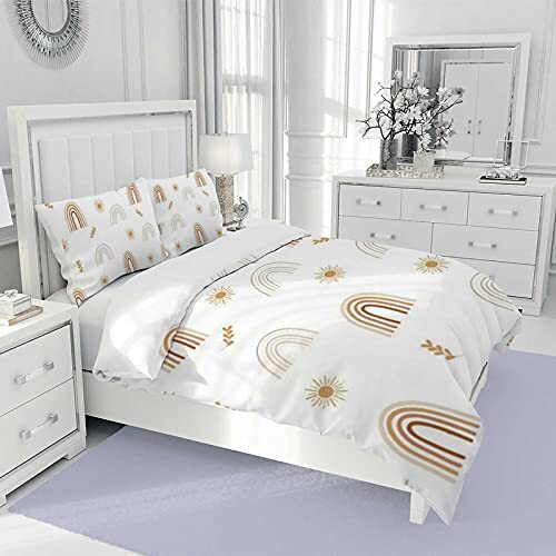 3 Pieces Polyester Fabric Duvet Bed Cover Sets with Twin Boho Rainbow With Sun - Picture 4 of 7