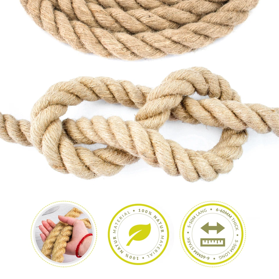 DQ-PP JUTESEIL bis 50m Tauseil Hanfseil Naturhanf Juterope Dicke 20mm Juteschnur Seil