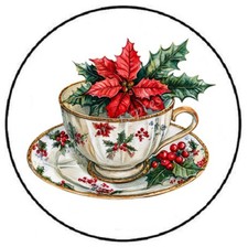 CHRISTMAS TEA CUP POINSETTIA ENVELOPE SEALS LABELS STICKERS PARTY FAVORS