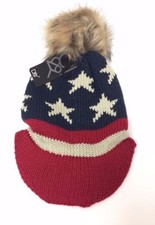 NEW Kids Winter Knit Beanie Hat CAP American Flag Stars Stripe with Faux Fur POM