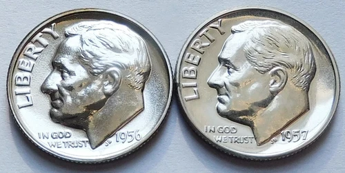 1956 + 1957 Gem Proof Roosevelt Silver Dimes, Two 10C coins