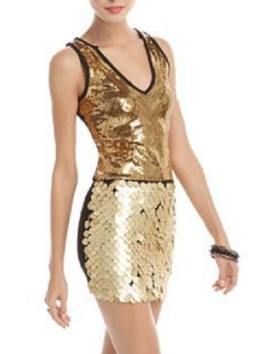 XOXO Cocktailkleid gold/schwarz Stretch Pailletten V-Ausschnitt Kontrast, M - Bild 1 von 2