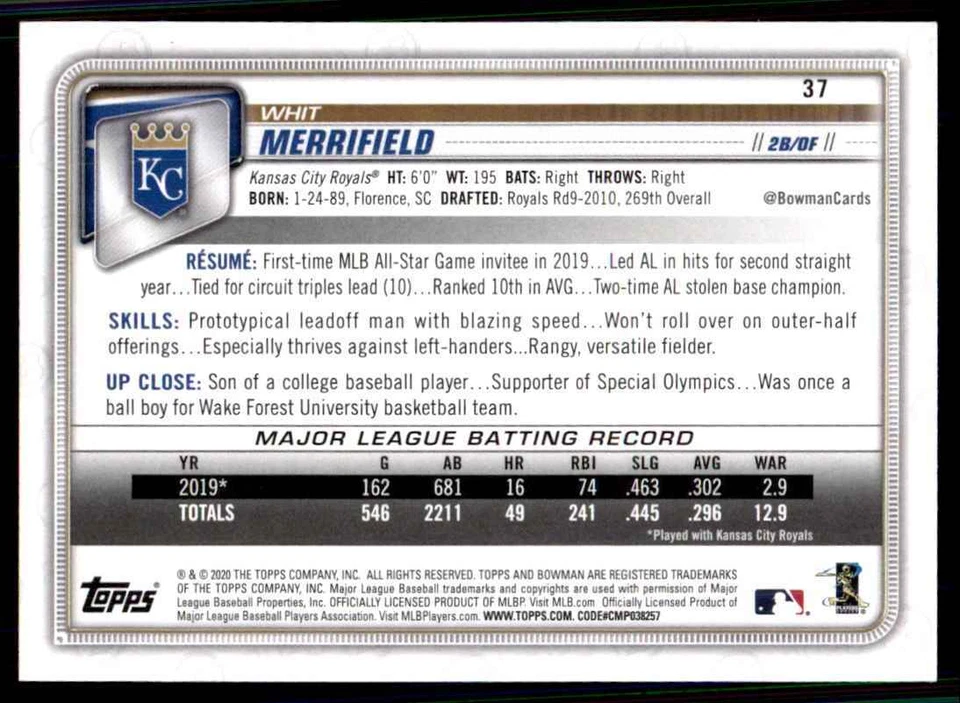 2020 Bowman Whit Merrifield Kansas City Royals #37 - Image 2 of 2