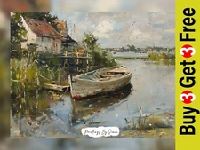 River Dock Scene, Impasto Oil Painting Print 5"x7" on Matte Paper