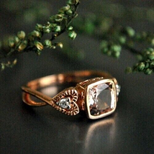 2Ct Cushion Lab Created Morganite WomenWedding Ring 14k Rose Gold Plated Silver - Picture 2 of 4