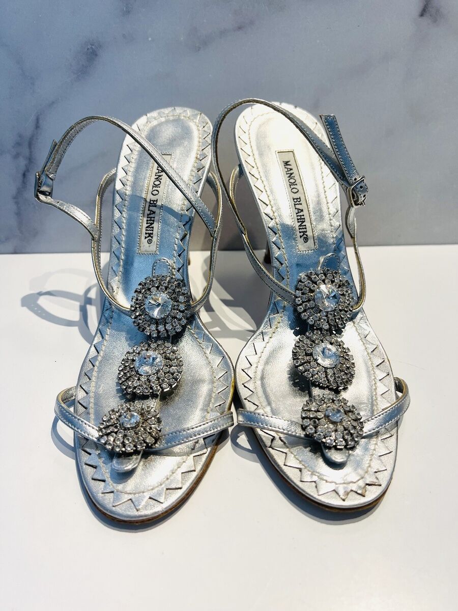 Manolo Blahnik Silver Leather Crystal Open Toe Strappy Manolo Blahnik Silver Leather Crystal Open Toe Strappy