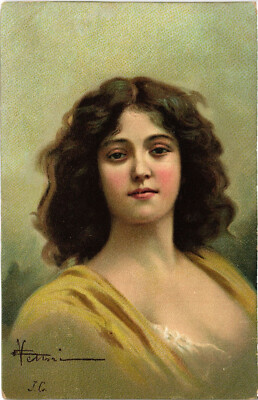 PC ARTIST SIGNED, JC, GLAMOUR LADY IN YELLOW, Vintage Postcard (b58815)