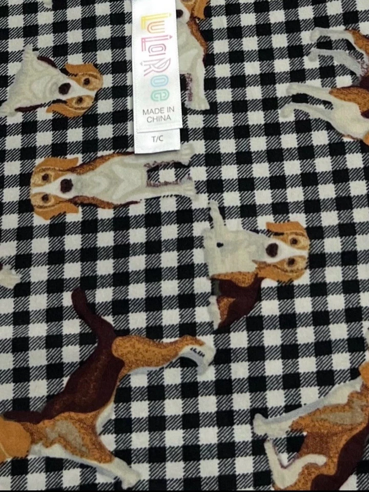 NEW LuLaRoe TC Leggings BLACK CREAM BROWN Check DOG Buffalo PLAID Beagle Puppy - Image 3 of 4