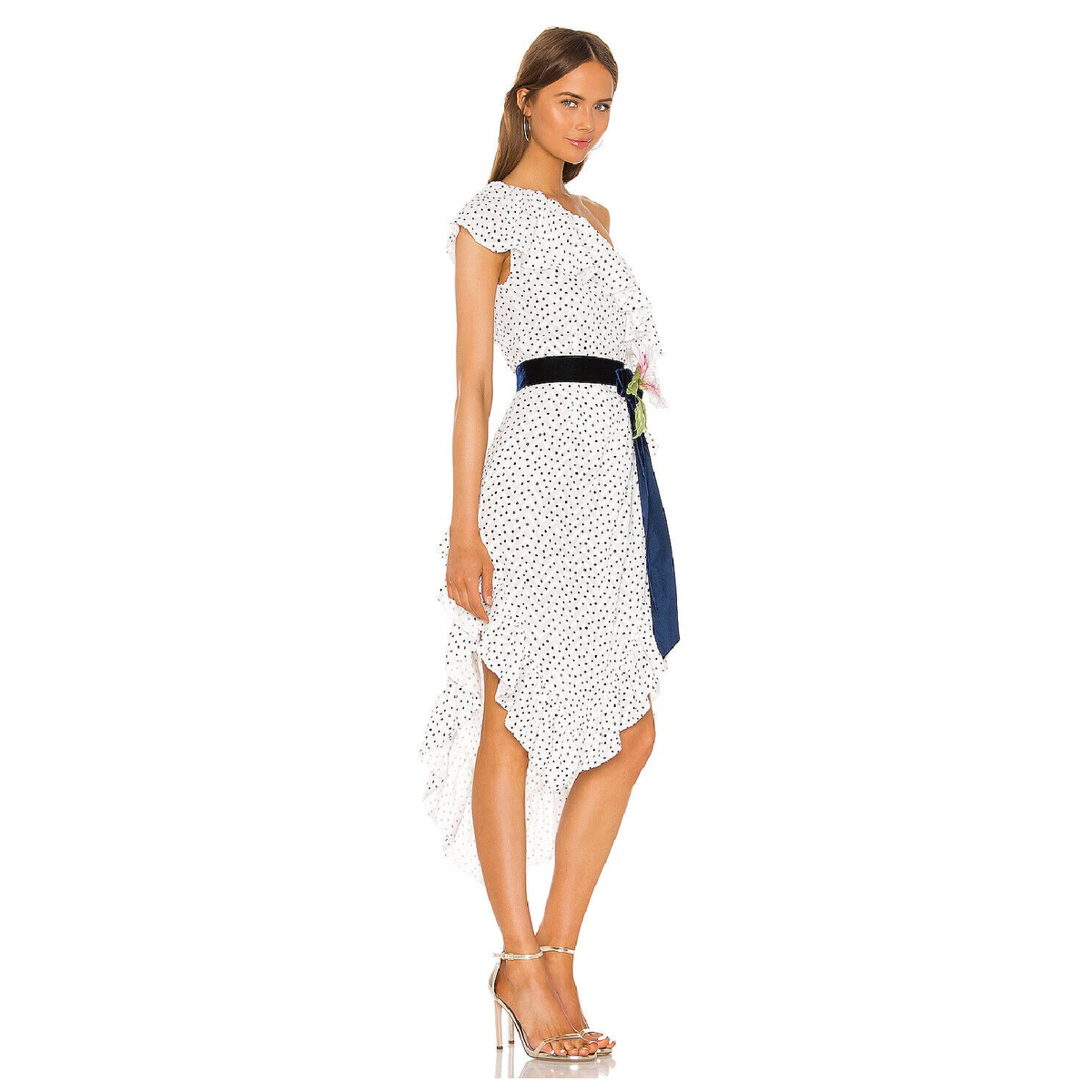 MARIANNA SENCHINA Revolve One Shoulder Dress White Silk Polka Dot
