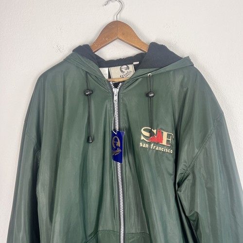 Vintage 90s Zip Up Raincoat San Francisco Embroidered Mens Fleece Lined Green M - Picture 4 of 12