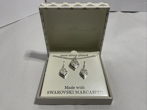Sparkle Allure Silver Plated And Swarovski Marcasite Necklace Pierced Earrings - Picture 2 of 4