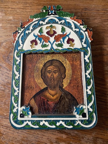 Icono religioso ruso ruso vintage Jesús sobre madera en marco de latón esmaltado placa de pared - Imagen 11 de 24
