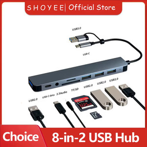 8-in-2 USB Hub avec lecteur de cartes, USB-C, USB 3.0/2.0, SD/TF Station d'accueil