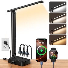 LED Desk Lamp with Power Strip, 3 AC Outlets, 4 USB Ports, Stepless Dimming