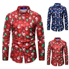 Mens Christmas Long Sleeve T Shirts Muscle Xmas Novelty Party Casual Button Tops