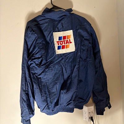 TOTAL Men s S Blue Total Oil Cmp Windbreaker Jacket Full Zip Pockets Logo Patch
