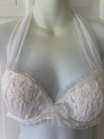 Victoria&rsquo;s Secret Vintage white &ldquo;I do&rdquo; 36 B bra, M panty and M/L garter w/stocki
