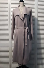 Tahari Soft Knit Wrap Sweater Coat Womens Large Taupe Wing Collar Ties At Waist 