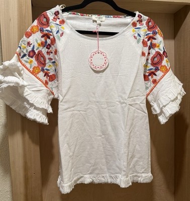 Umgee White with Floral Sleeves Top Women's Size Small NEW