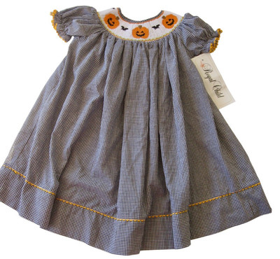 NEW Royal Child Smocked Black Gingham Dress Baby Size 12 M Halloween Pumpkin Bat