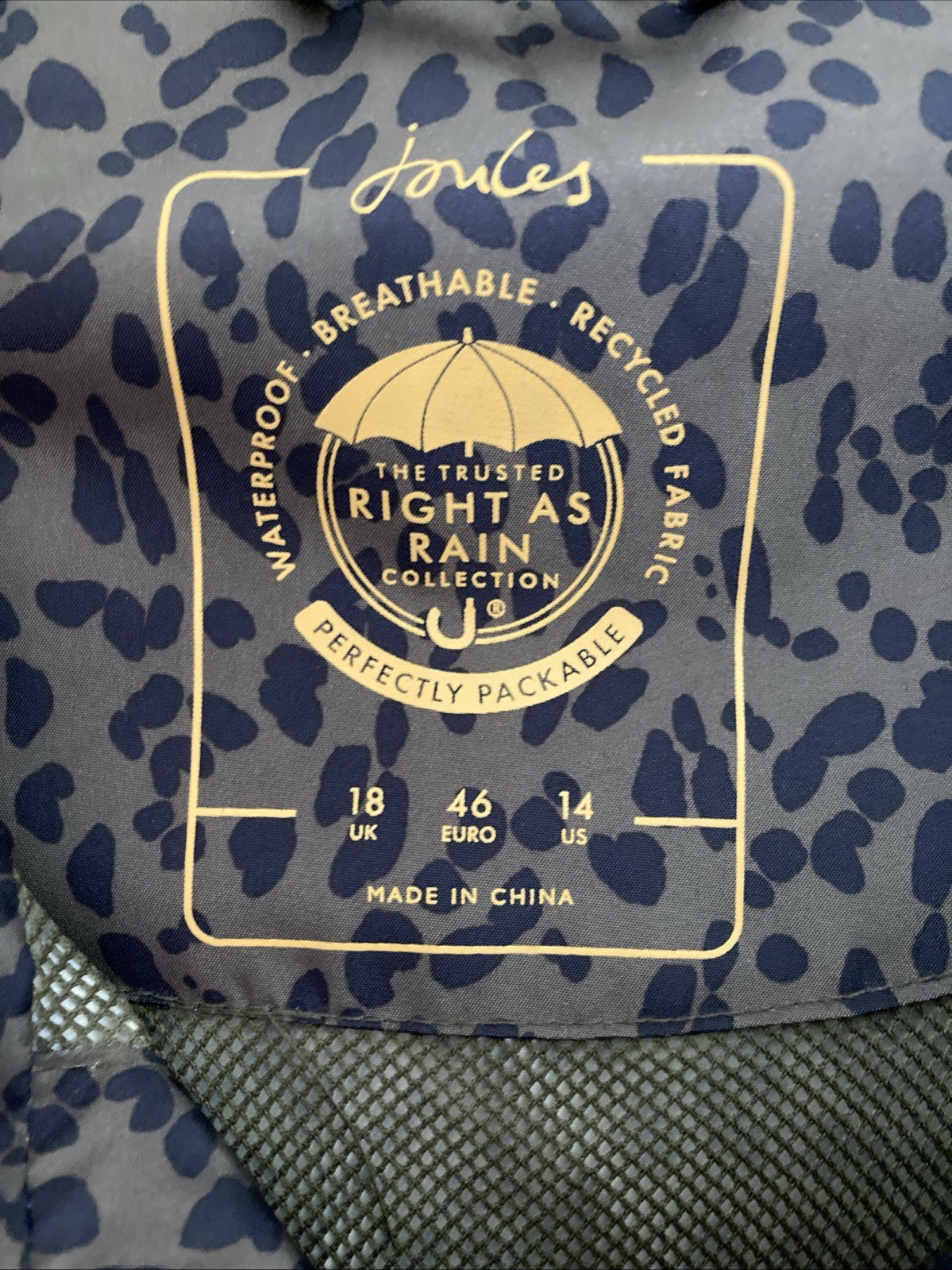 Joules Waybridge Relaxed Fit Waterproof Pack Away Raincoat Khaki Lynx Leopard 18 image 3