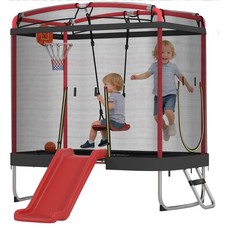 4 x 6FT Trampoline for Kids Indoor  Outdoor with Slide, Red