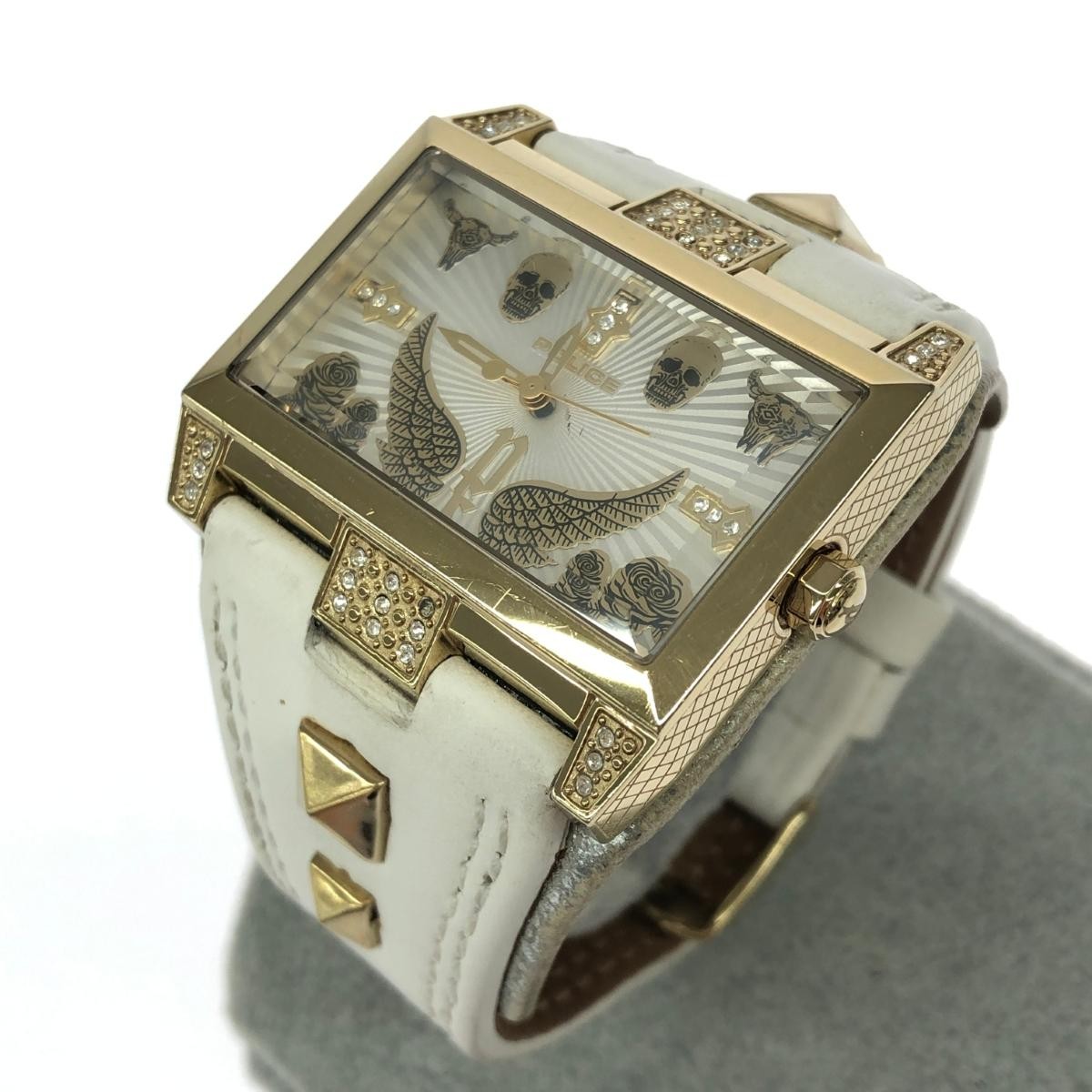 Reloj POLICE / Calavera / Tachuelas / SS × cuero blanco / dorado color para h...
