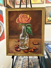Rose In Glass Bottle Painting, Hand Painted 11 X 14” Framed Not A Print