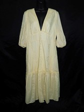 Vintage L Pastel Yellow Empire Eyelet Maxi Dress Short Sleeve V Crochet Lace