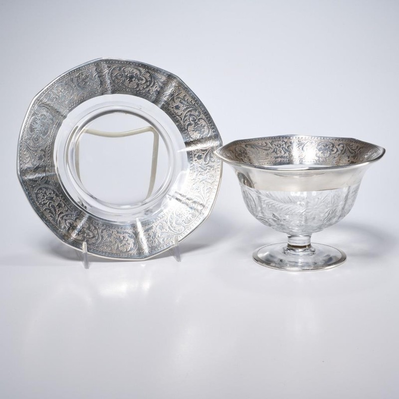 Etched Sterling Silver Mounted Glass Footed Gravy Sauce Bowl w Underliner Plate