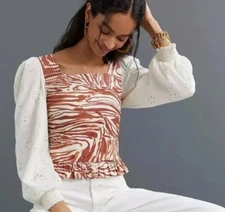 NEW Anthropologie Zebra Print Eyelet Sleeve Blouse Large by Love the Label