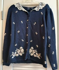 Vintage Herman Geist Sweater Medium Cardigan Floral Hand Embroidered Lace Collar