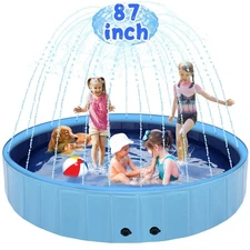 87" Large Dog Pool with Sprinkler, 2-in-1 Foldable Swimming Pool Non-Slip Har...