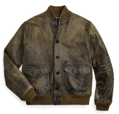$2400 RRL Ralph Lauren True Indigo Dyed Distressed Cowhide Bomber Jacket Sz XXL