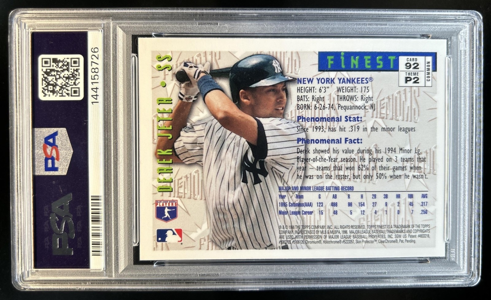 1996 Topps Finest Derek Jeter #92 Yankees PSA 8 view 2
