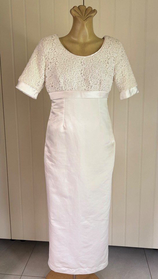 WEDDING DRESS 80s vintage Handmade Off white Elbow sleeve Lace bodice Sz 10-12