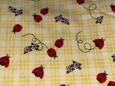 By 1/2 Yd Yellow Plaid w/Red Lady Bugs & Daisies FLANNEL Cotton Fabric BTHY