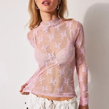Women Floral Lace Sexy See Through Blouse Mock Neck Long Sleeve Sheer Shirt Tops