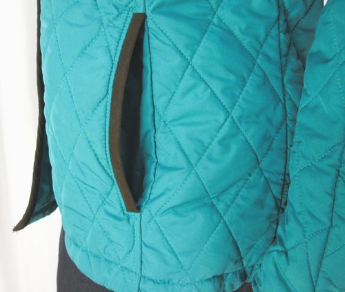 Lands End sz S Teal Blue w/ Brown Trim Quilted Snap Front Jacket w/ Pockets - Picture 6 of 12