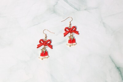 Aretes Navideños Hipoalergénicos Colgante De Lazo Y Campanas Chapado Oro 18k